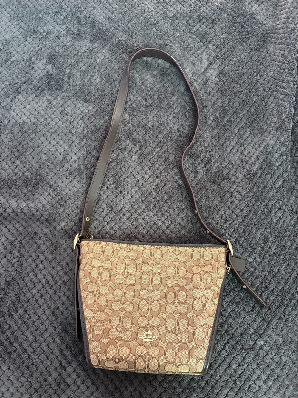 Coach Brown Signature Canvas Crossbody Bucket Bag with Dark Brown Trim